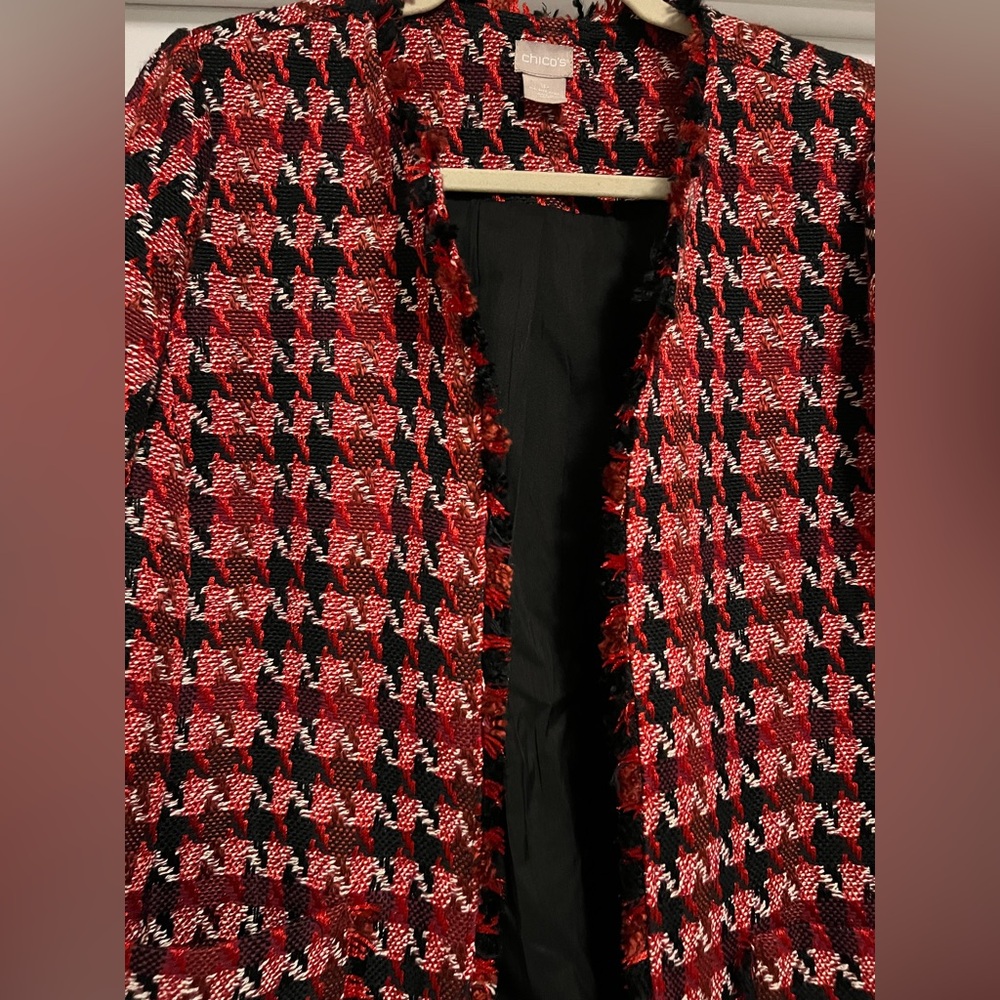 Chico’s Red Black Tweed Houndstooth Fringe Jacket Blazer 1P Office Wear Holiday - Picture 6 of 12
